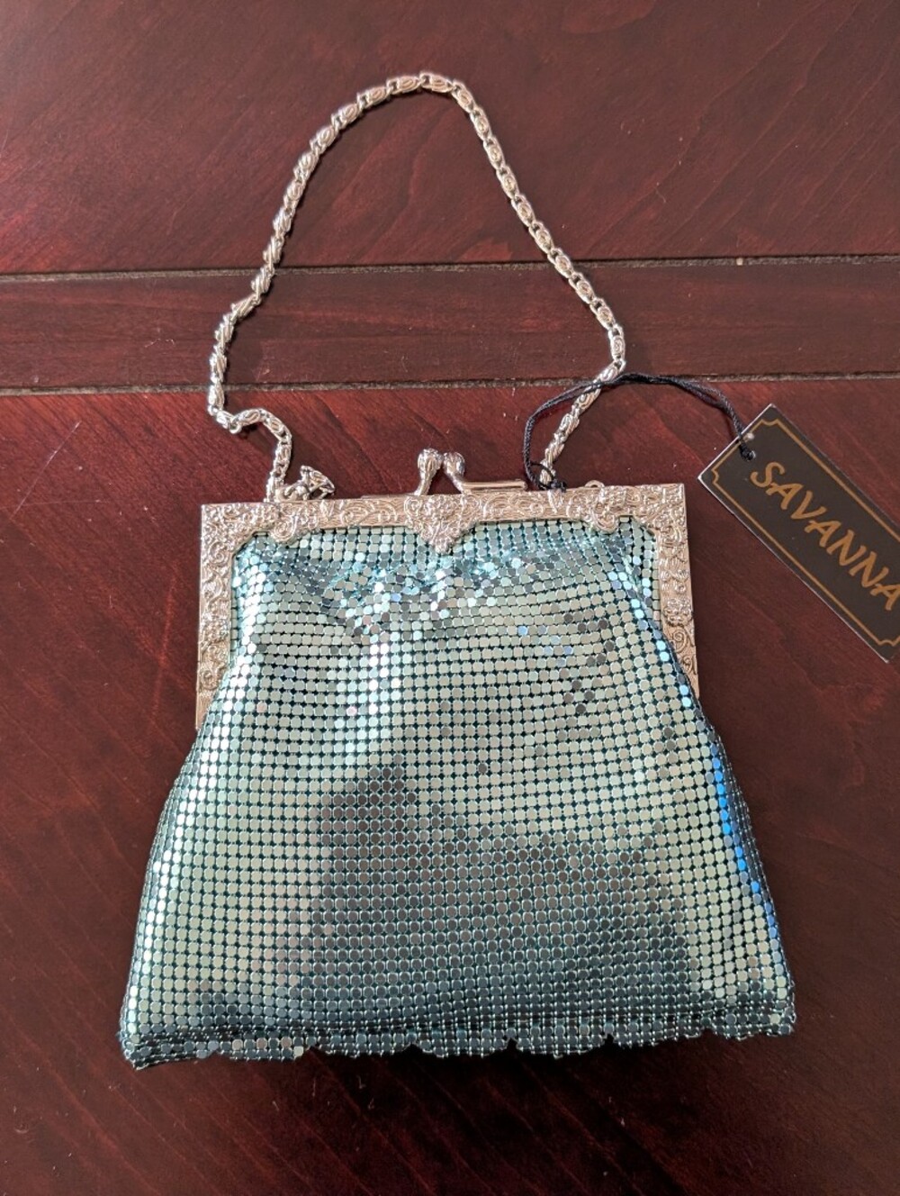 Savannah Iridescent Teal Mesh Evening Clutch with Silver Frame